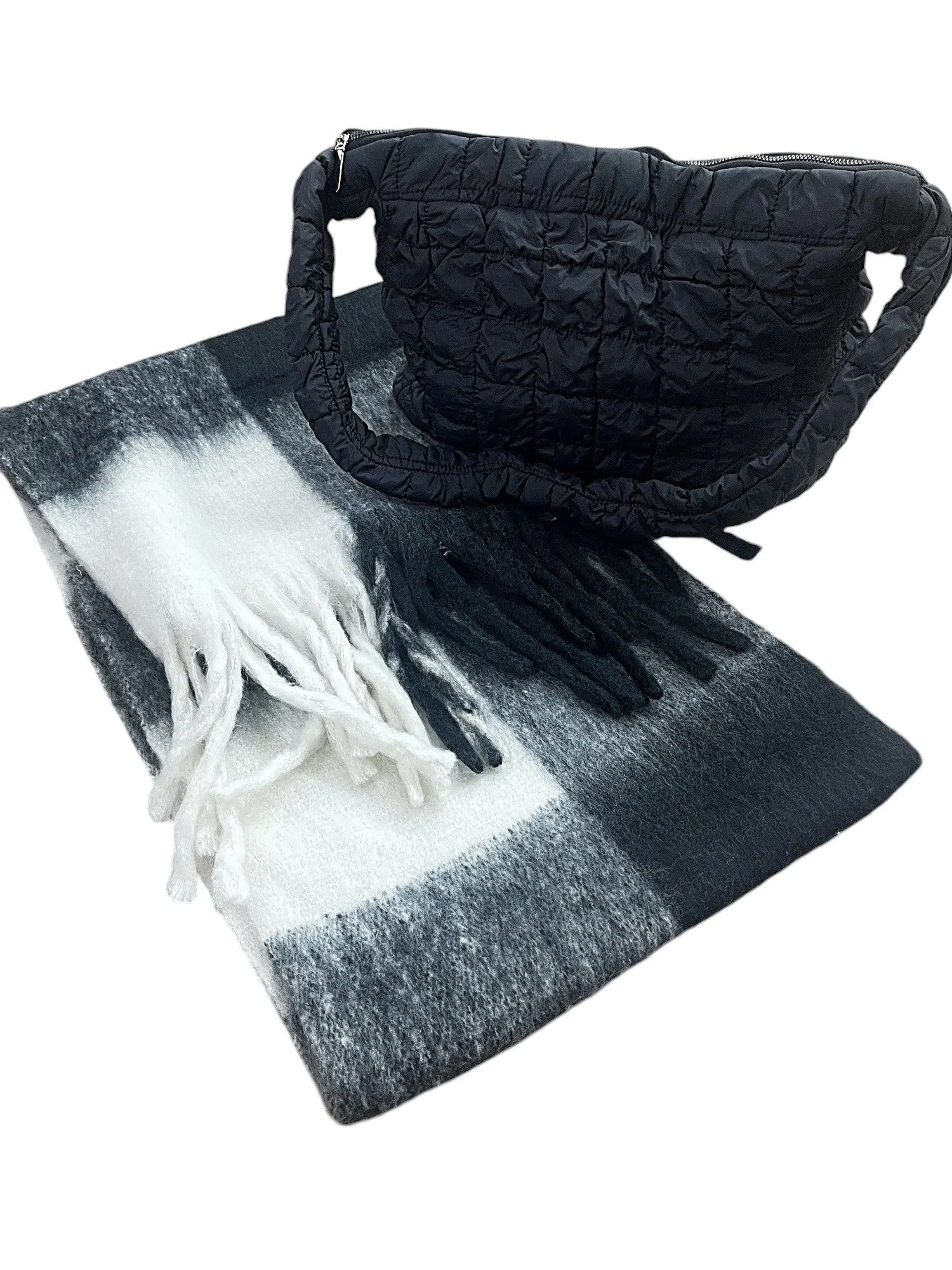 Black White Check Scarf & Black Bag - Everyday Essential Set