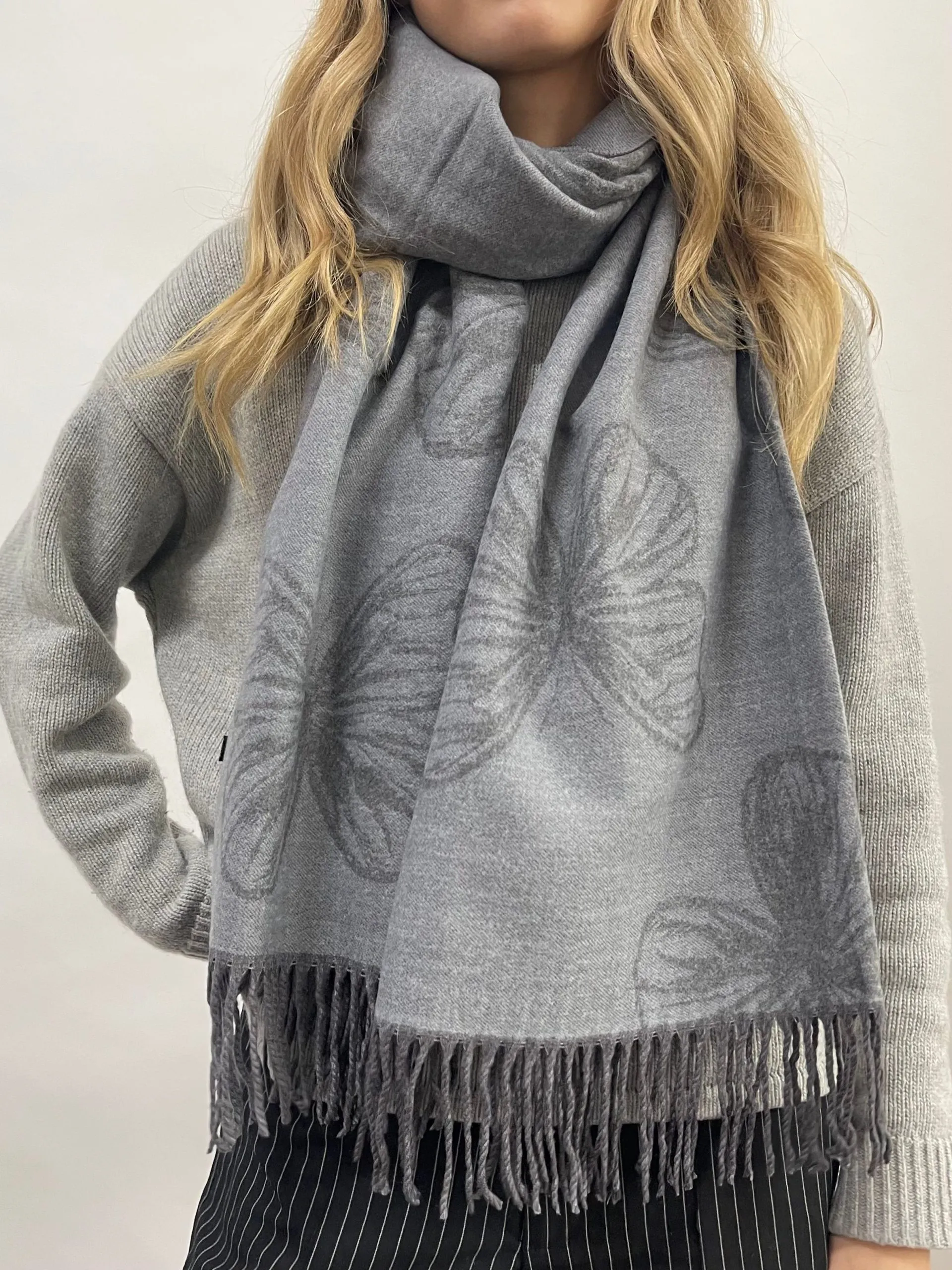 Butterfly Printed Cashmere Blend Scarf with Tassels