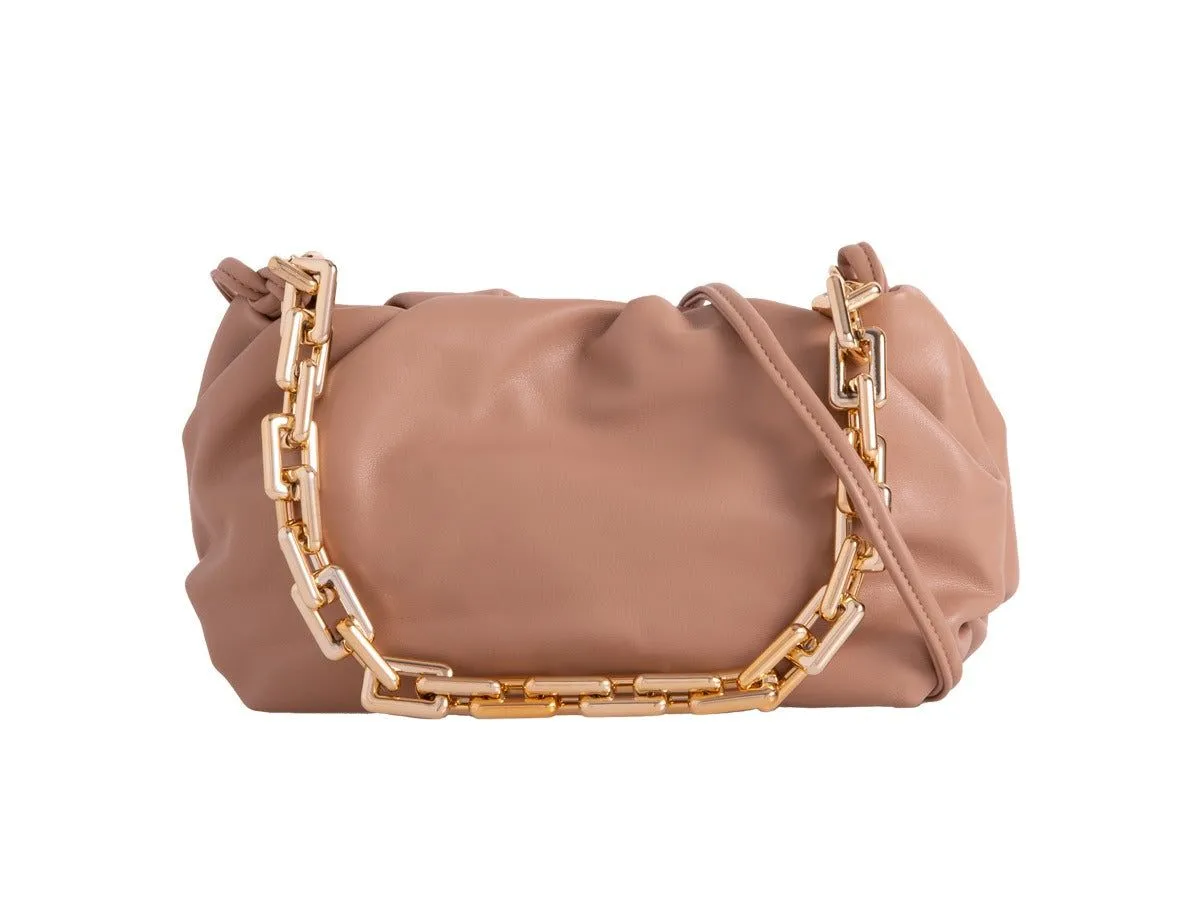 Faux Leather Pouch Clutch Bag in Beige