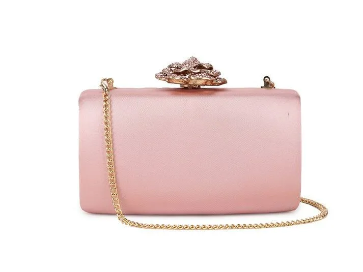 Satin Clutch Bag with Rose Jewel in Pink
