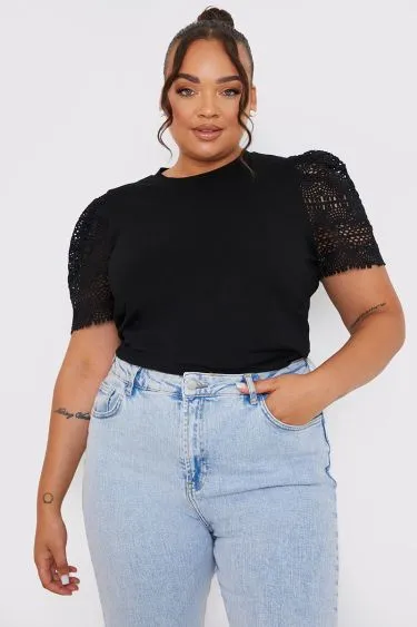 Black Crochet Sleeve T-Shirt