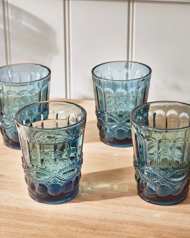 Set of 4 Vintage Luxury Sapphire Blue Drinking Glass Tumblers Gift Idea 240ml
