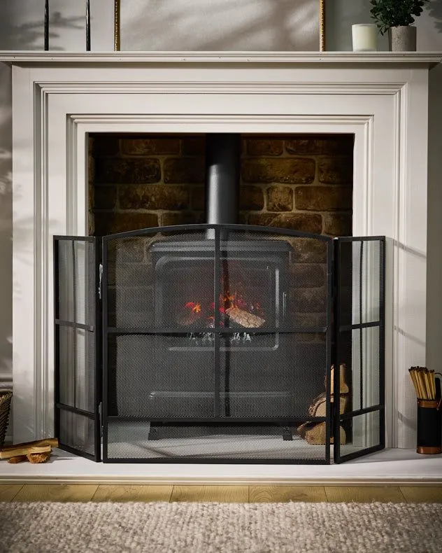 Contemporary Style Matte Black Fire Screen 3 Folding Fireplace Guard Window Pane Fire Guard H64 x W120cm