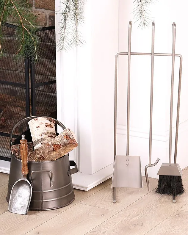Antique Pewter 3pc Fireside Companion Set with Coal Bucket and Shovel