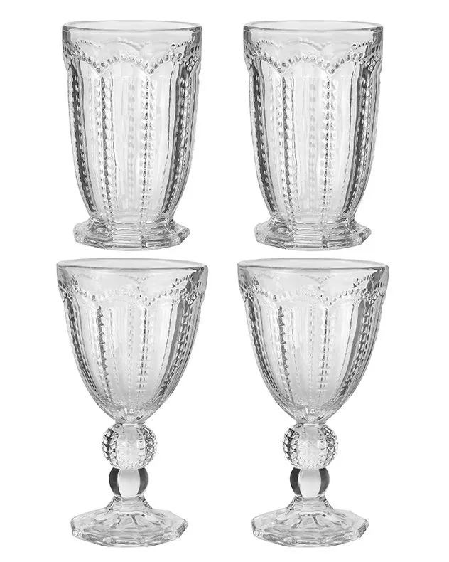 Set of 4 Vintage Luxury Drinking Clear Embossed Wine Glass Wine Goblets Gift Idea & Tall Drinking Glass Whiskey Glass Tumblers Gift Idea