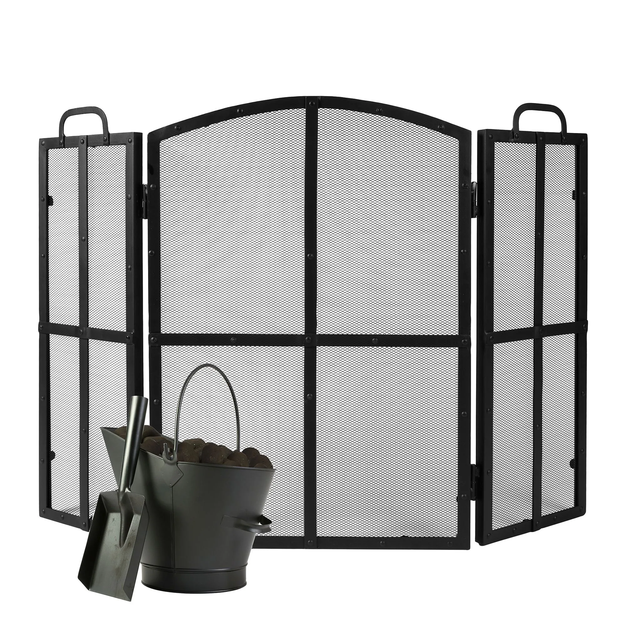 Vintage Style Blacksmith 3-Fold Fire Screen Fire Guard H71cm x W102cm with Fireplace Coal Bucket with Shovel