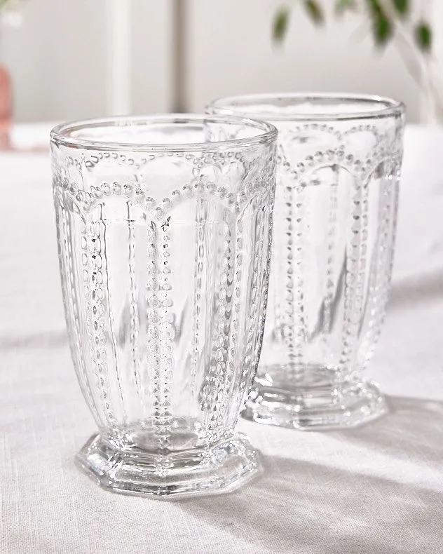Set of 2 Vintage Luxury Clear Embossed Drinking Tall Tumbler Glasses Gift Idea 340ml