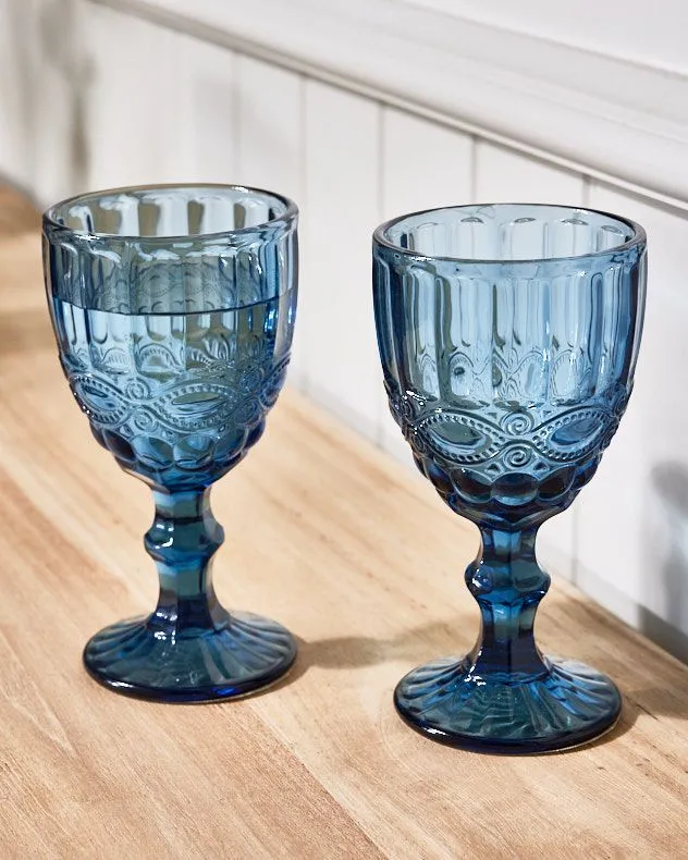 Set of 2 Vintage Luxury Sapphire Blue Drinking Wine Glass Wine Goblets Gift Idea 350ml