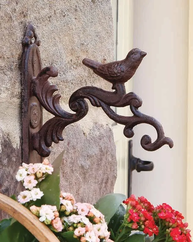 Cast Iron Ornate Scrolled Bird Topped Garden Basket Wall Bracket
