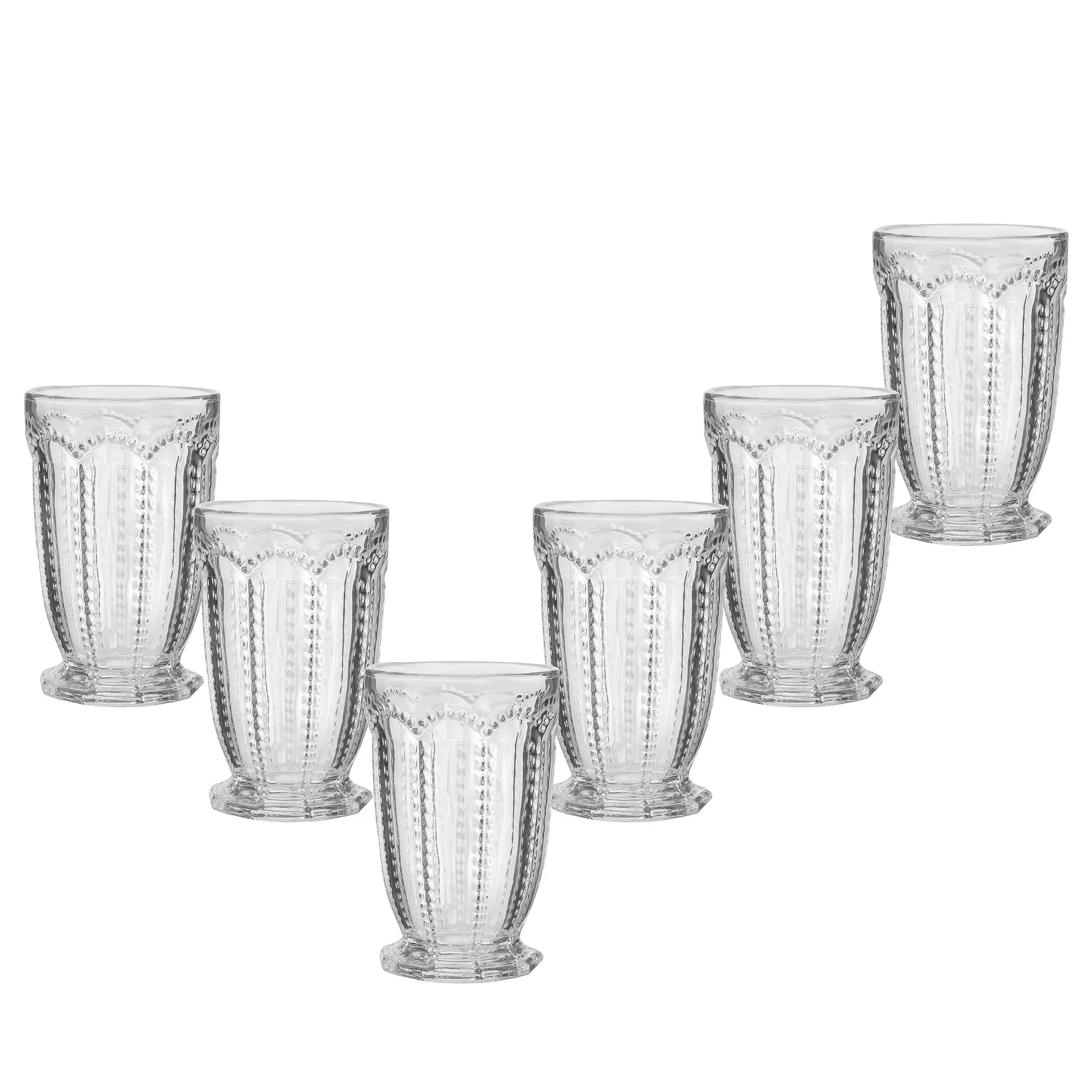 Set of 6 Vintage Luxury Clear Embossed Drinking Tall Tumblers Gift Idea 340ml