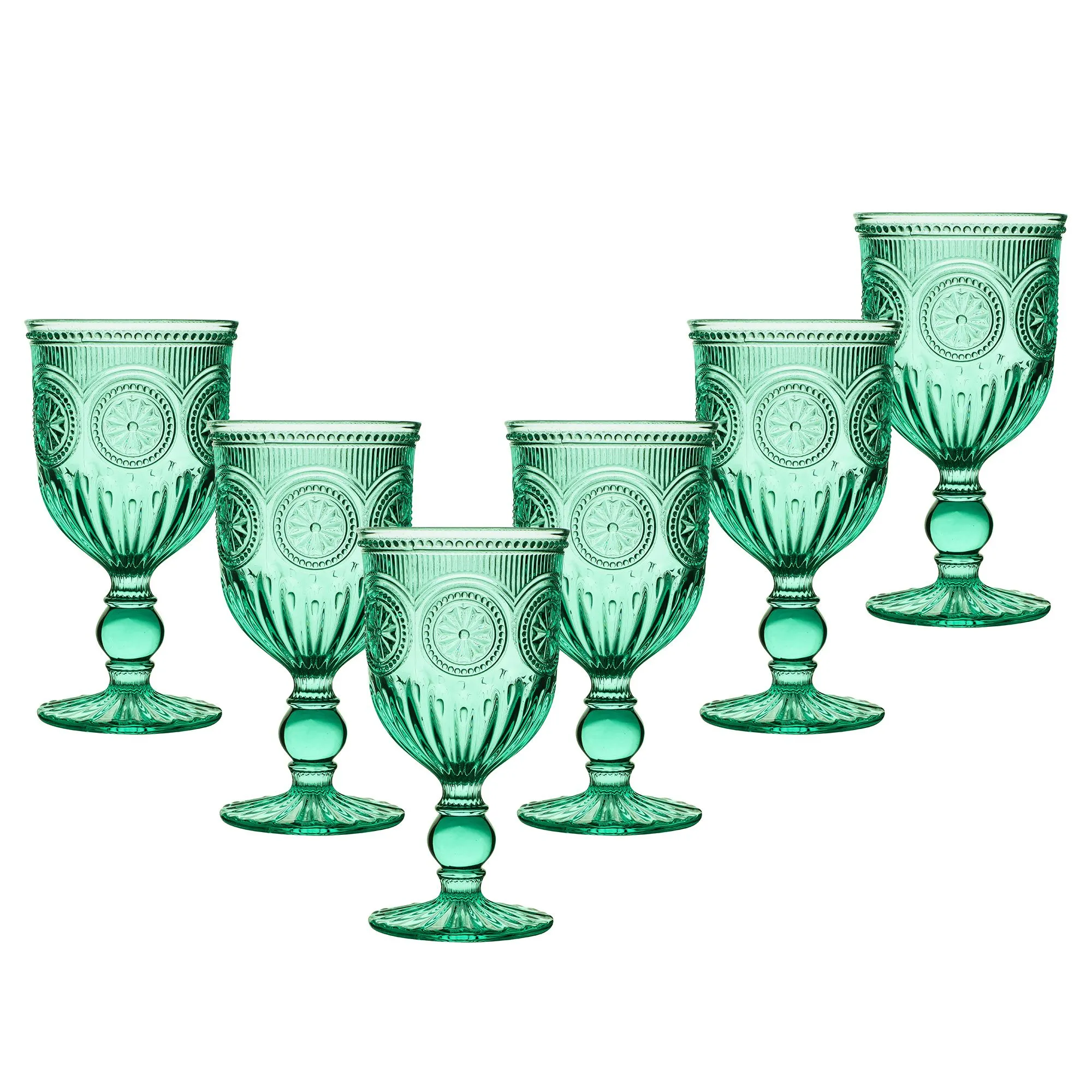 Set of 6 Vintage Luxury Turquoise Embossed Drinking Wine Glass Wine Goblets Gift Idea 290ml