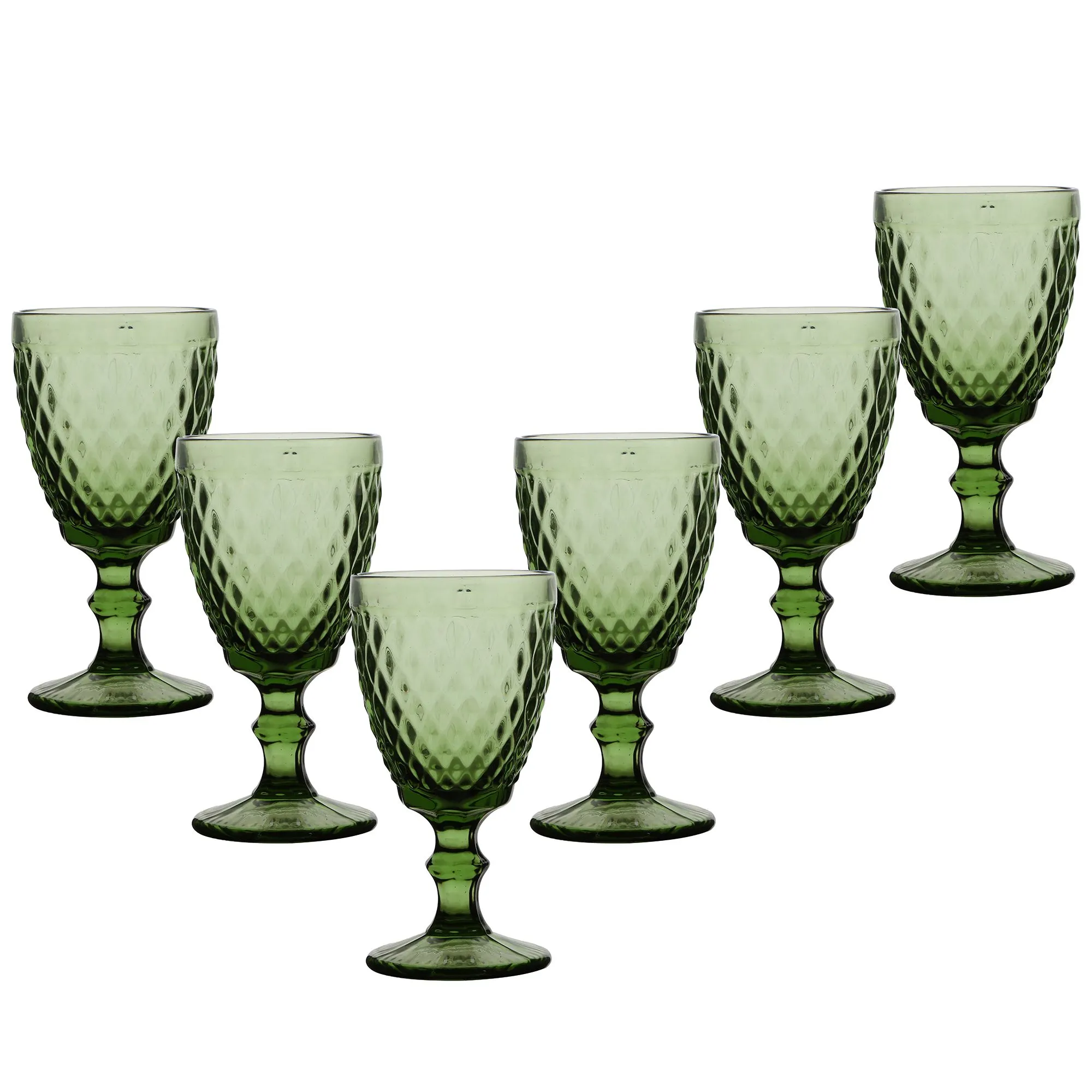 Set of 6 Vintage Luxury Green Embossed Diamond Drinking Wine Glass Goblets Gift Idea 340ml