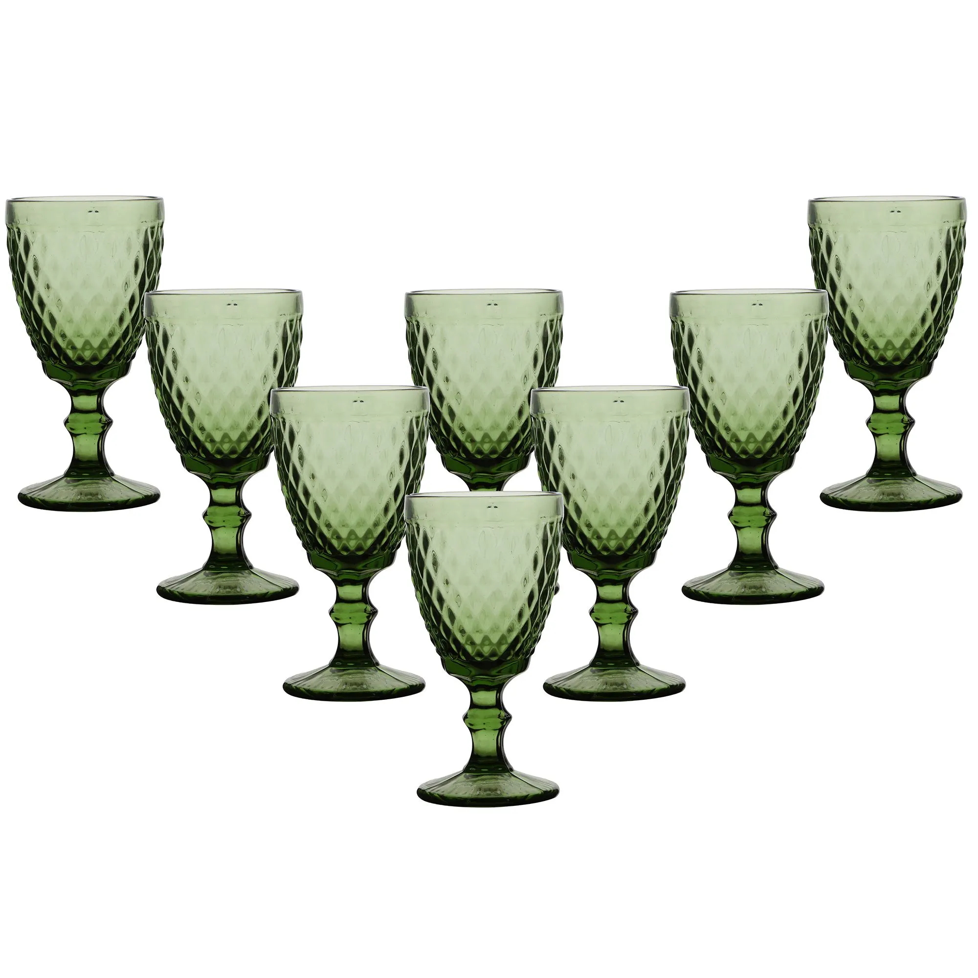Set of 8 Vintage Luxury Green Embossed Diamond Drinking Wine Glass Goblets Gift Idea 340ml
