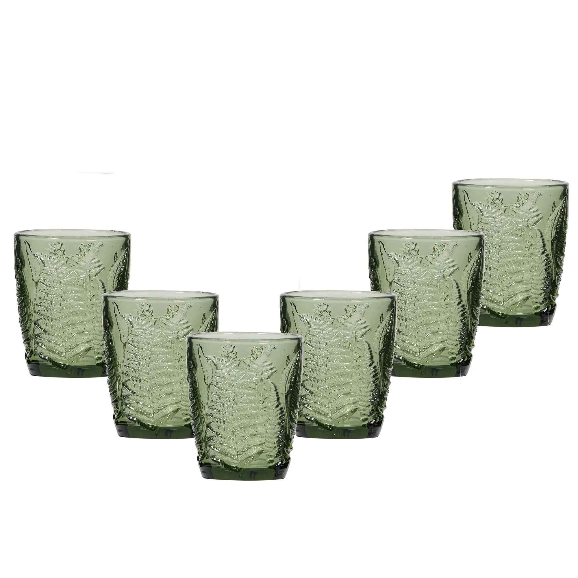 Set of 6 Vintage Luxury Green Leaf Embossed Drinking Glass Tumblers Gift Idea 260ml