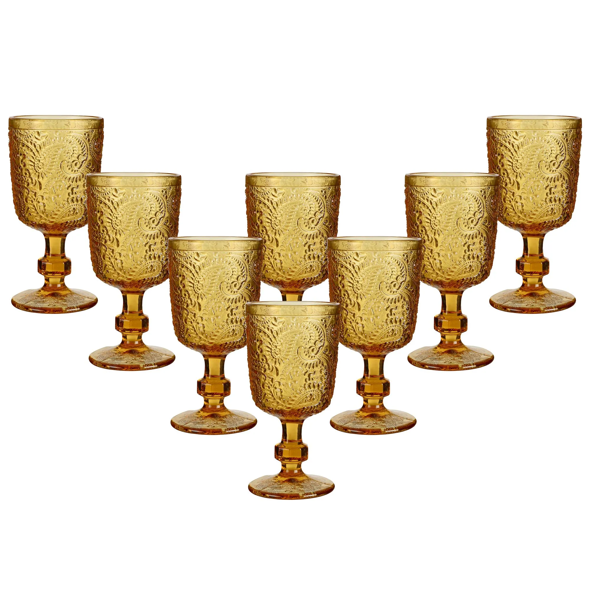 Set of 8 Vintage Luxury Yellow Embossed Drinking Goblets Wine Glasses Gift Idea  300ml