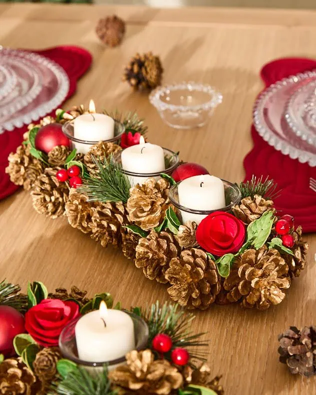 Berries and Baubles Red Triple Table Centrepiece Christmas Decoration Candle Holders Tealight Holder 39cm