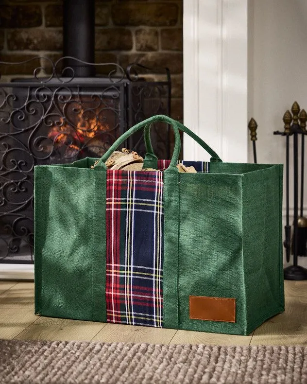 Traditional Tartan Plaid Garden Green Firewood Log Storage Jute Bag H40 x W60cm