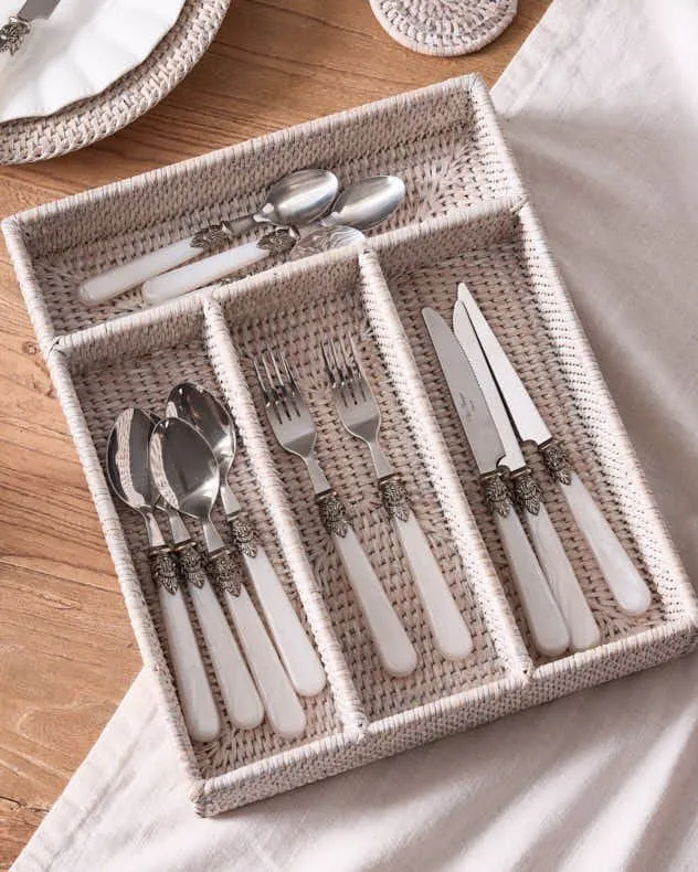 Traditional 4 Compartment White Rattan Cutlery Basket