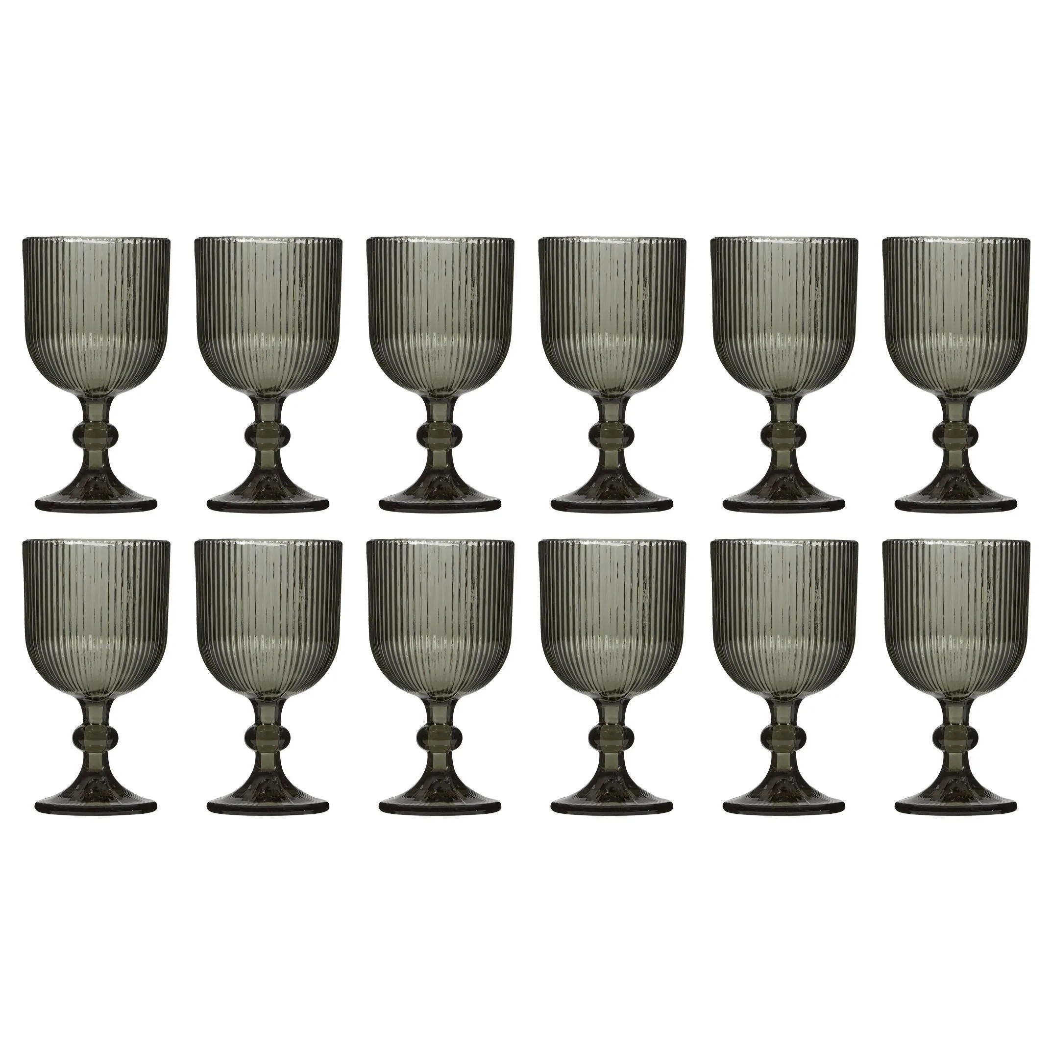 Set of 12 Vintage Luxury Grey Ribbed Drinking Wine Glass Wine Goblets Gift Idea 360ml