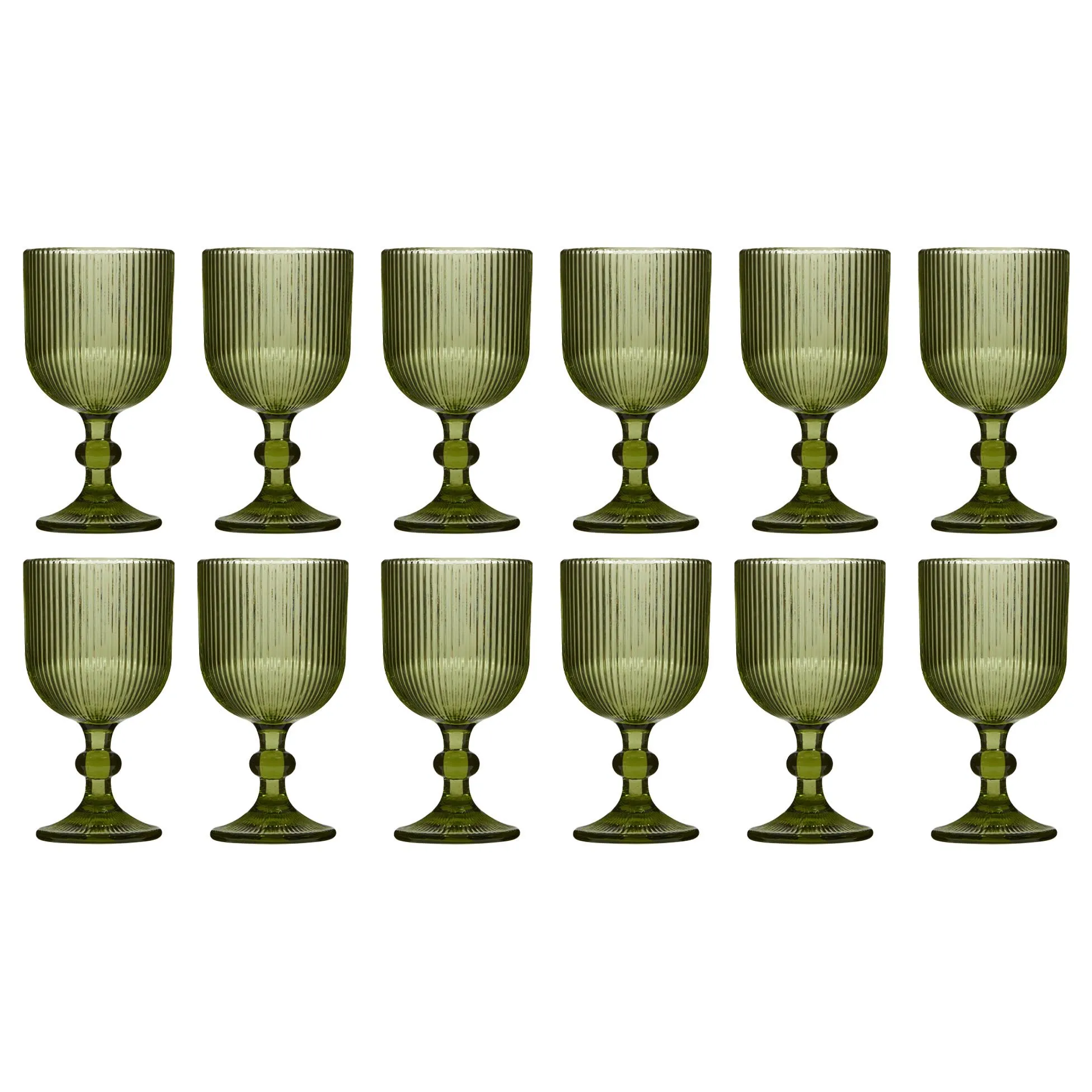 Set of 12 Vintage Luxury Green Ribbed Drinking Wine Glass Wine Goblets Gift Idea 360ml
