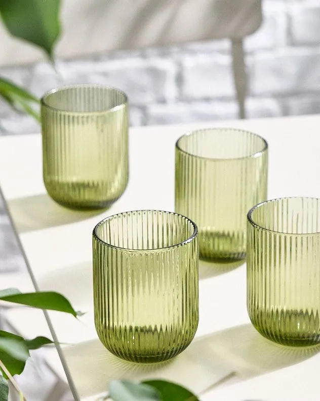 Set of 4 Vintage Luxury Green Ribbed Short Drinking Glass Whisky Glass Tumblers Gift Idea 270ml