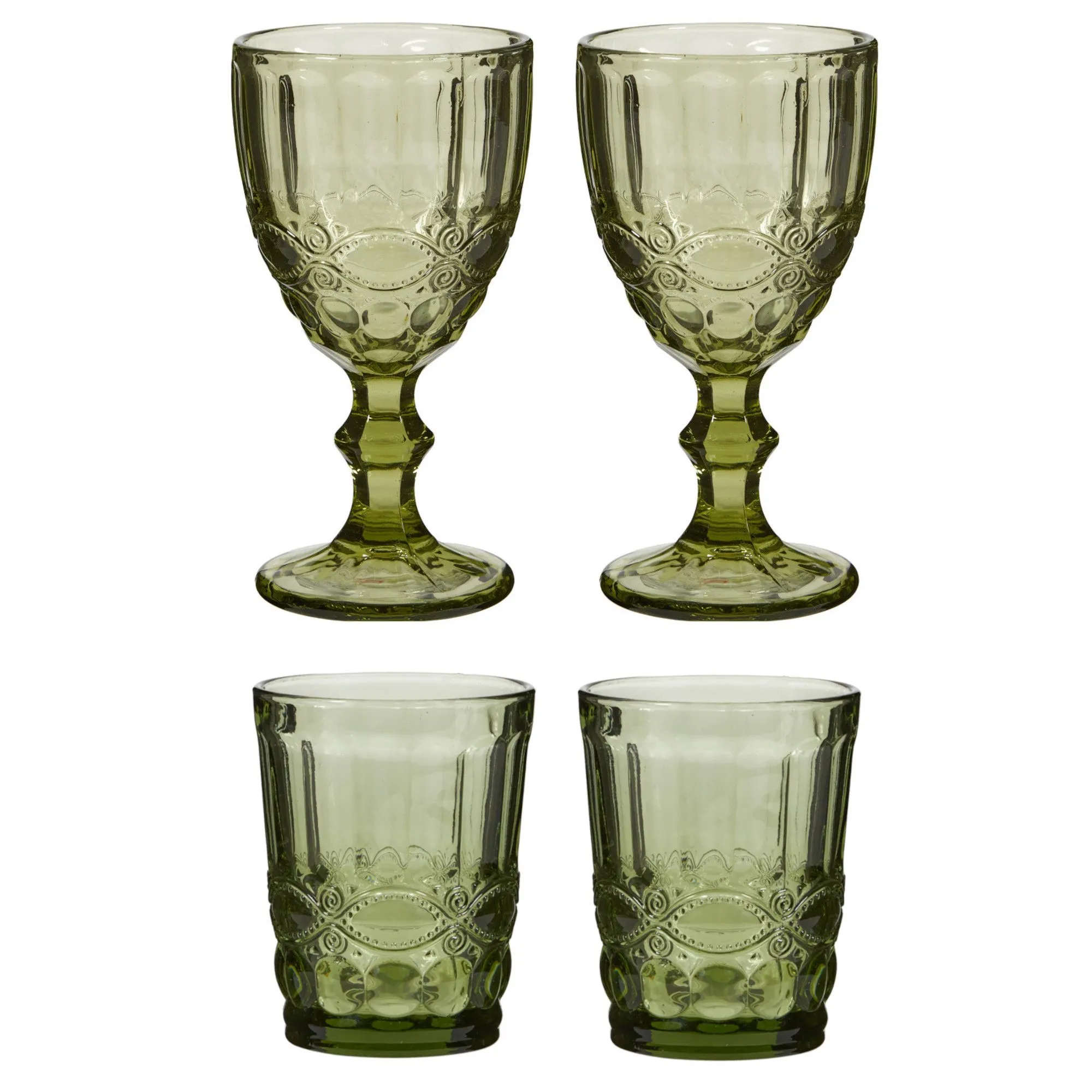 Set of 4 Mix Match Embossed Green Glasses Goblets Gift Idea & Tumblers Gift Idea Wedding Decor Ideas 350ml