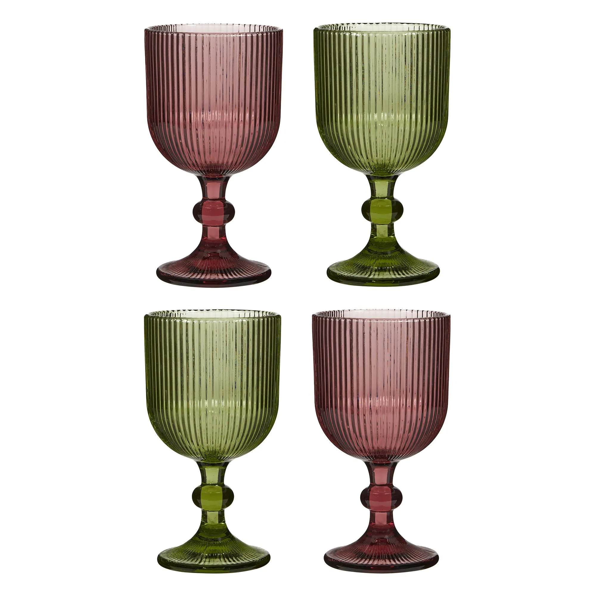 Set of 4 Pink & Green Ribbed Drinking Glasses Wine Goblets Gift Idea Wedding Decor Ideas 360ml