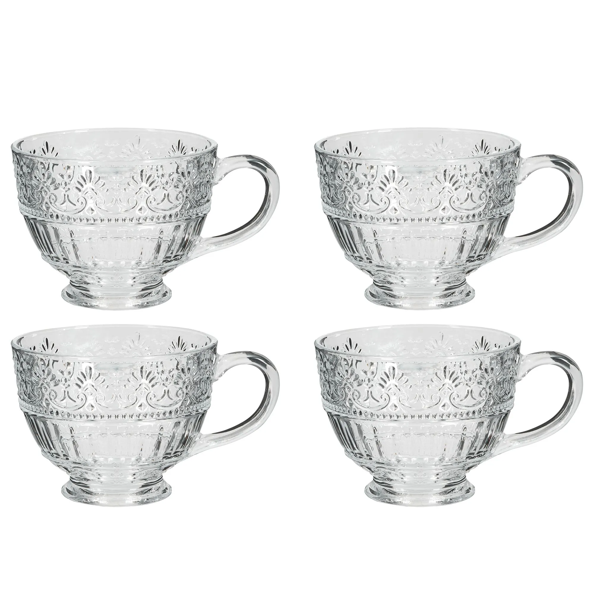 Set of 4 Vintage Style Embossed Footed Coffee Mug Clear Tea Cups