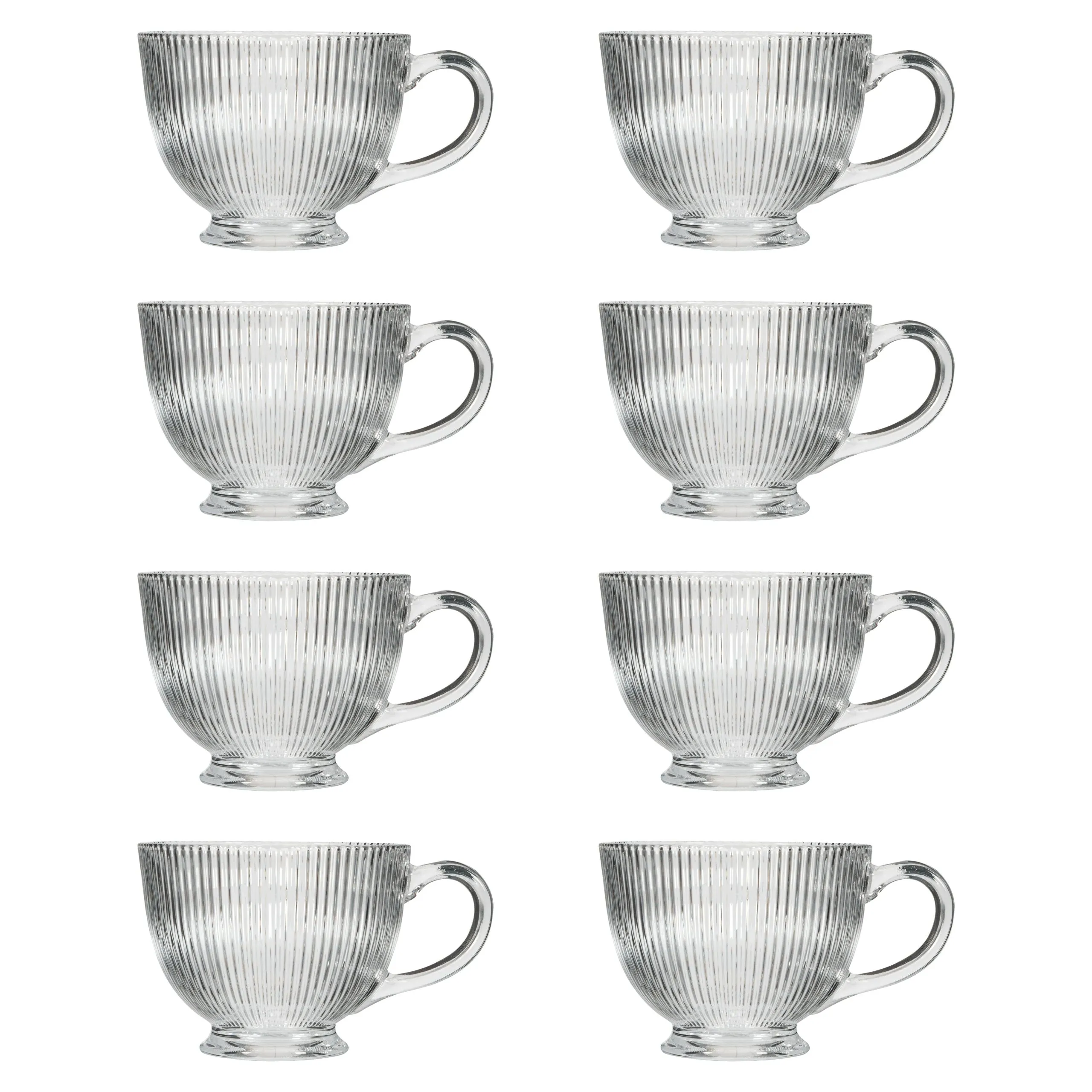 Set of 8 Embossed Footed Glass Coffee Mug Clear Tea Cups