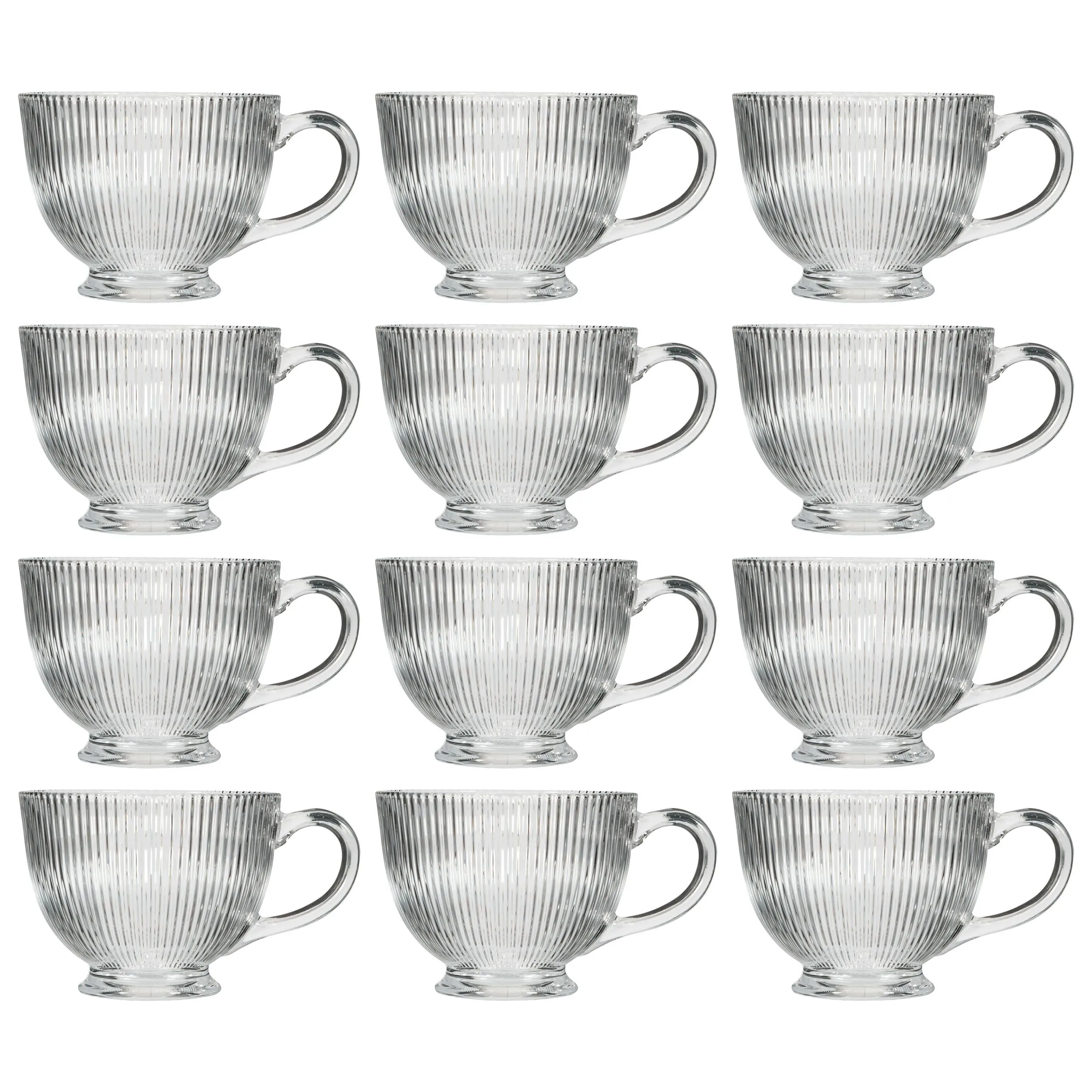Set of 12 Embossed Footed Glass Coffee Mug Clear Tea Cups
