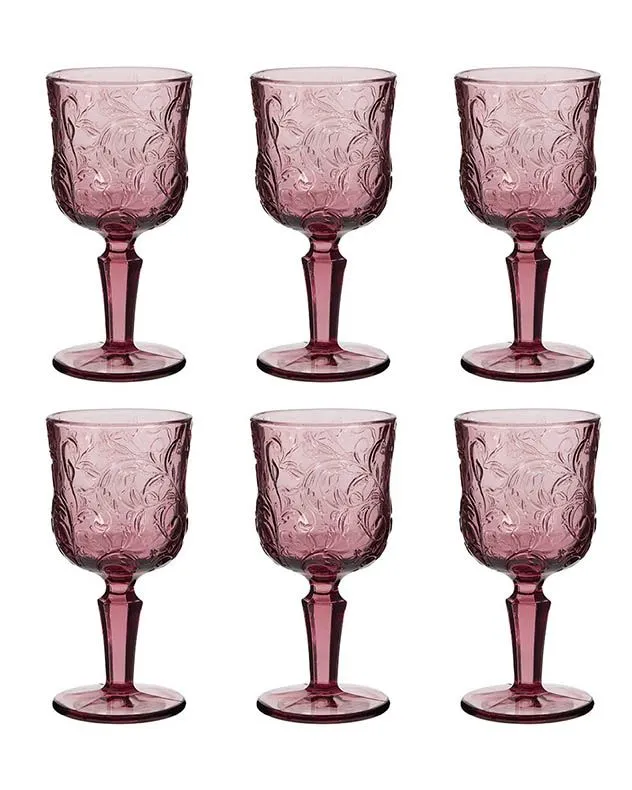 Set of 6 Luxury Embossed Pink Drinking Wine Glass Wine Goblets Gift Idea 270ml