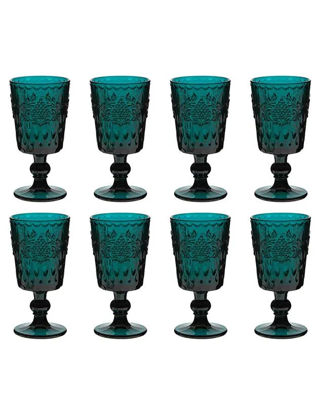 Set of 8 Luxury Embossed Dark Green Drinking Wine Glass Wine Goblets Gift Idea 290ml