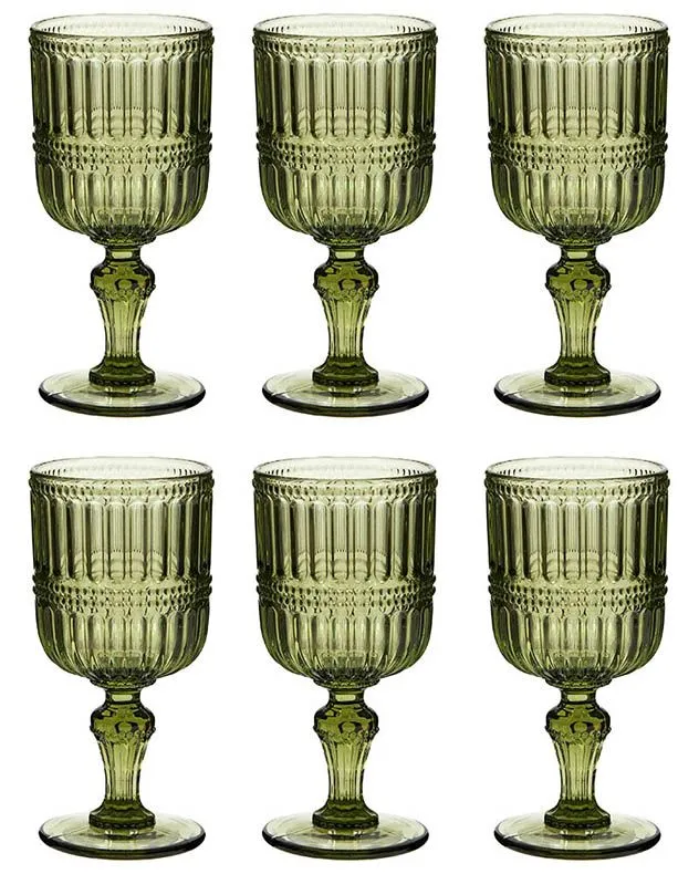 Set of 6 Luxury Embossed Green Drinking Wine Glass Wine Goblets Gift Idea 300ml