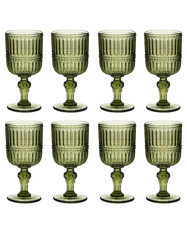 Set of 8 Luxury Embossed Green Drinking Wine Glass Wine Goblets Gift Idea 300ml