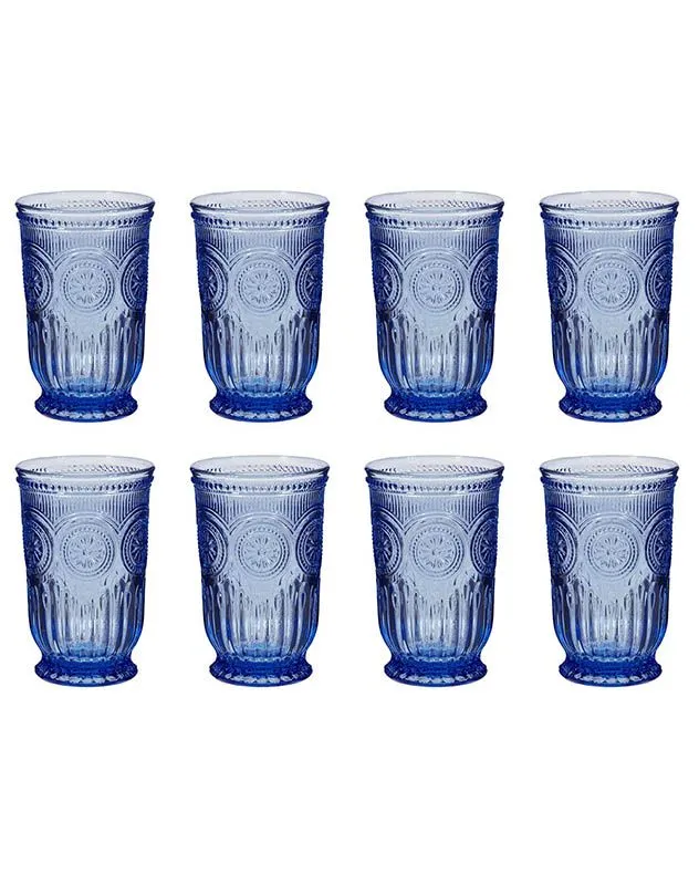 Set of 8 Luxury Embossed Blue Tall Drinking Glass Tumblers Gift Idea 330ml