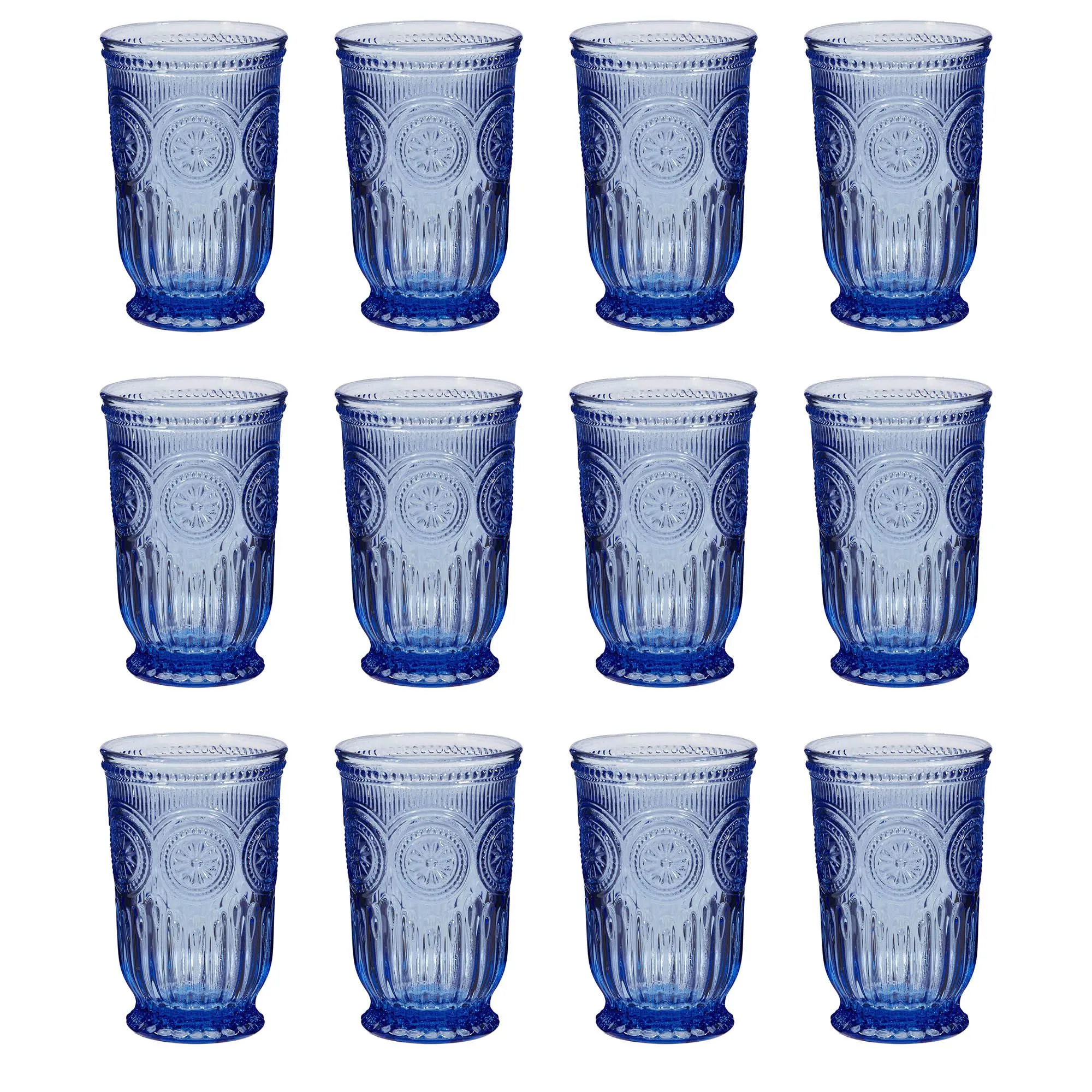 Set of 12 Luxury Embossed Blue Tall Drinking Glass Tumblers Gift Idea 330ml