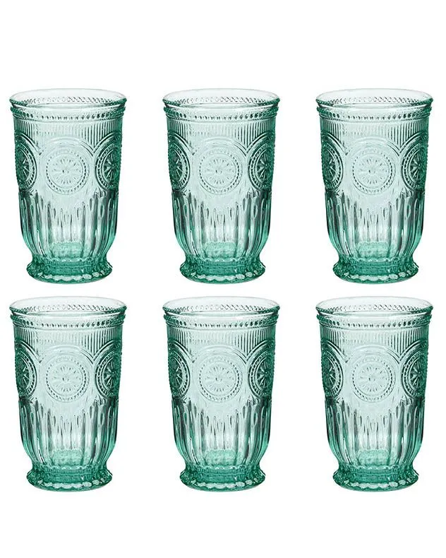 Set of 6 Luxury Embossed Green Tall Drinking Glass Tumblers Gift Idea 330ml