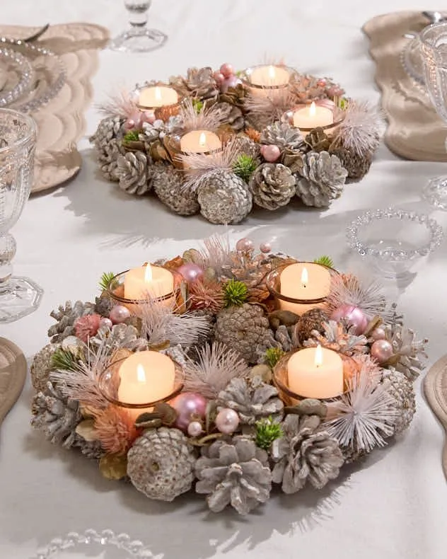 Set of 2 Pink Round Table Centrepiece Christmas Decoration Candle Holders Tealight Holder 30cm