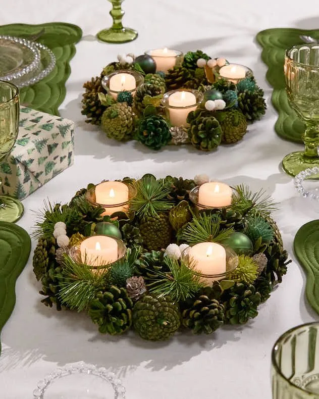 Set of 2 Woodland Green Round Table Centrepiece Christmas Decoration Candle Holders Tealight Holder 30cm