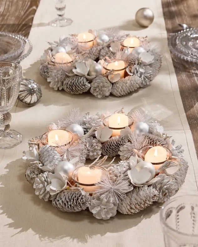 Set of 2 White Frosted Round Table Centrepiece Christmas Decoration Candle Holders Tealight Holder 30cm
