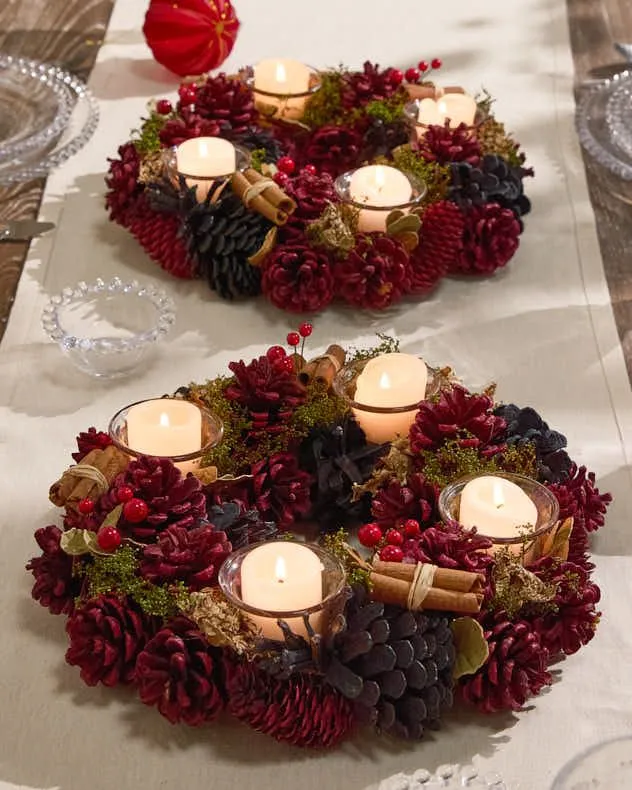 Set of 2 Cinnamon Pine Round Table Centrepiece Christmas Decoration Candle Holders Tealight Holder 30cm