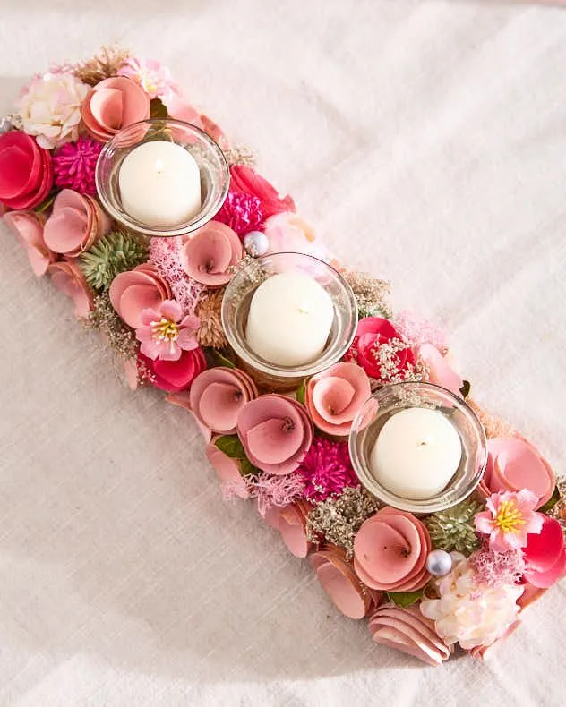 Traditional Floral Pink Triple Table Decoration Candle Holder