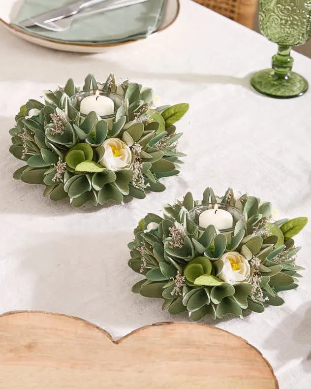 Set of 2 Floral Green Table Decoration Candle Holders