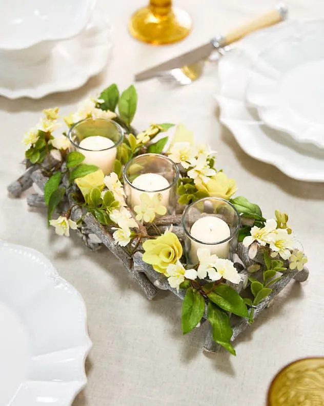 Traditional Floral Yellow Triple Table Decoration Candle Holder