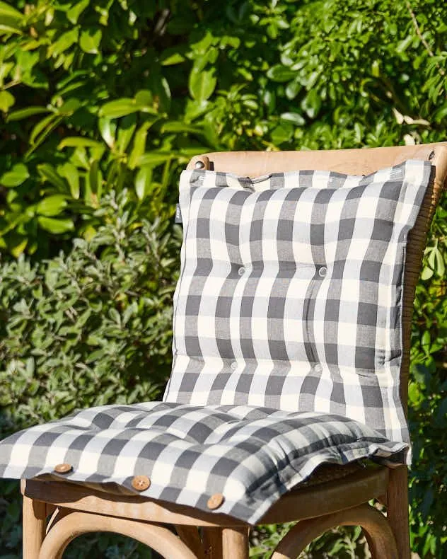 Set of 2 Grey Gingham Summer Outdoor Garden Chair Seat Pad Cushions