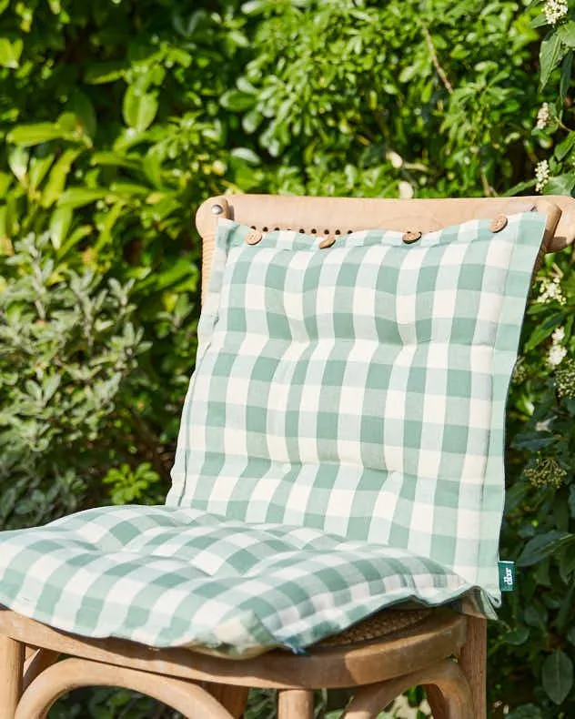 Set of 2 Green Gingham Summer Outdoor Garden Chair Seat Pad Cushions