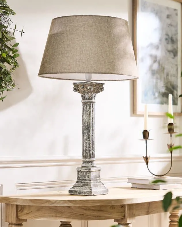 Vintage Style Grey Stone Effect Pillar Bedroom Living Room Bedside Table Lamp