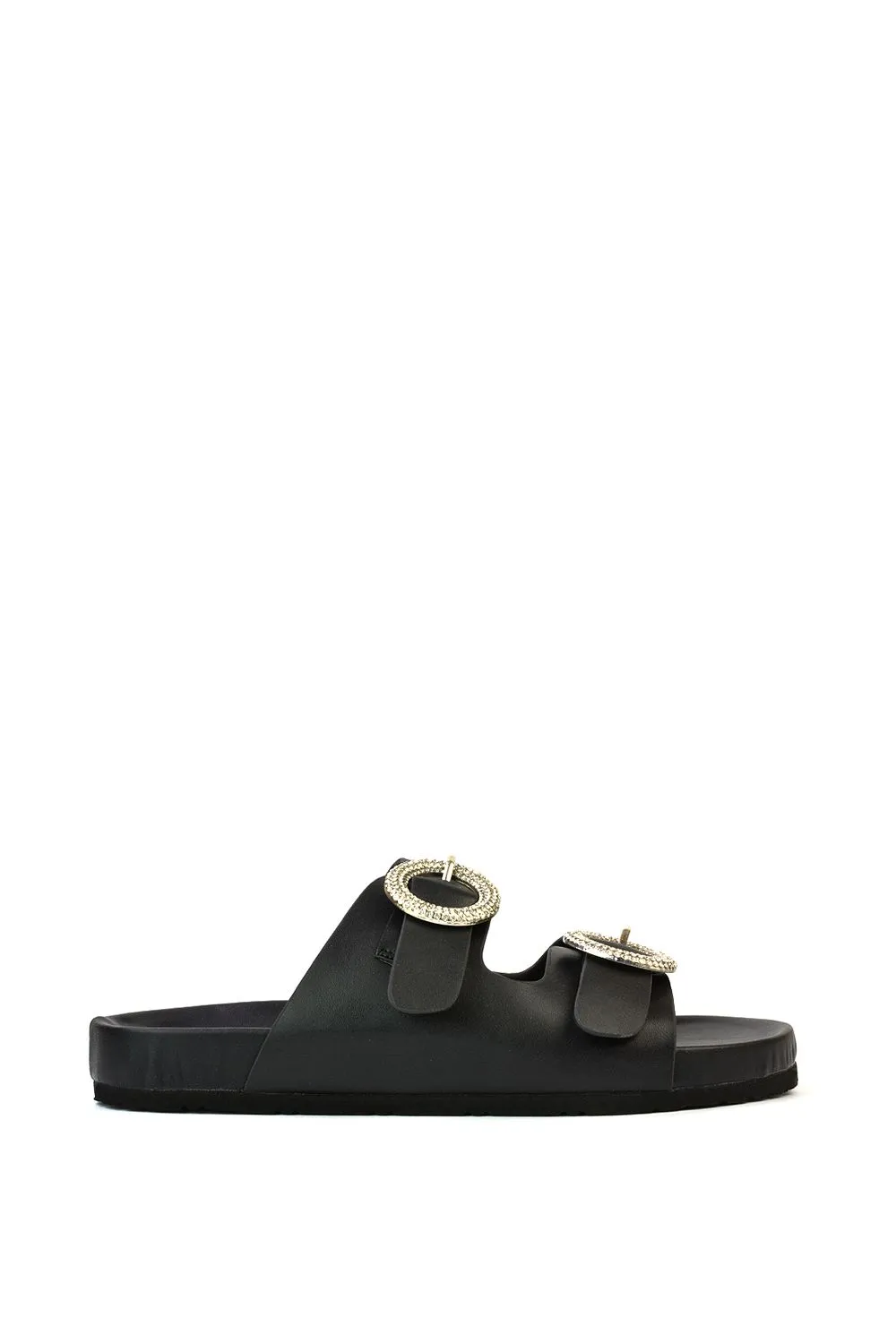 'Reggie' Slip On Flat Sandals Sliders With Double Strap Diamante Buckle