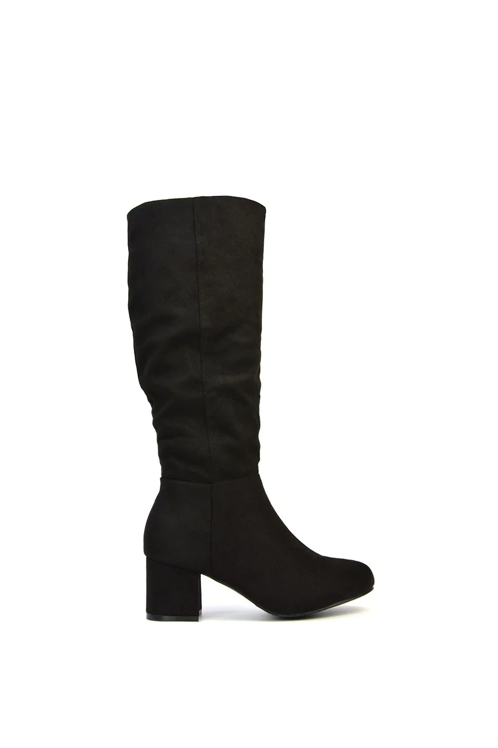 'Jackie' Ruched Mid Block High Heel Knee High Boots