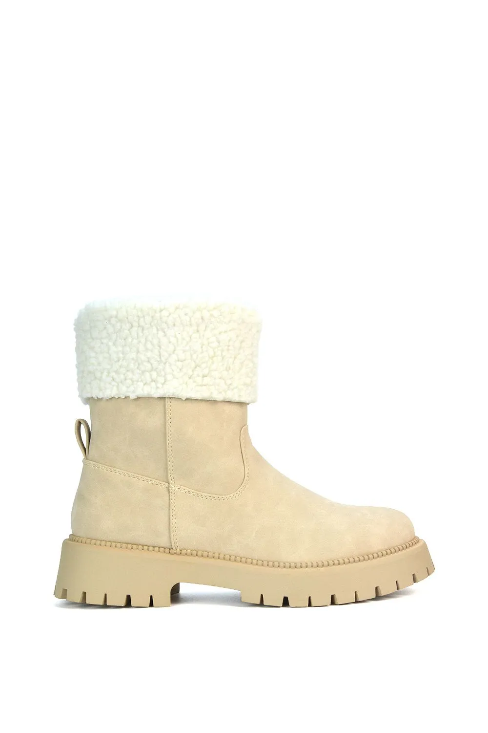 'Rhianna' Chunky Cleated Sole Faux Wool Biker Calf Ankle Booties